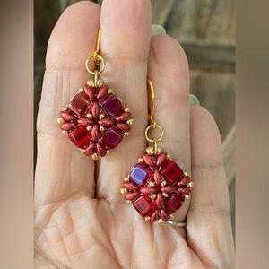 Handmade Ruby Red Czech Glass Bead Gold Tone Drop Earrings